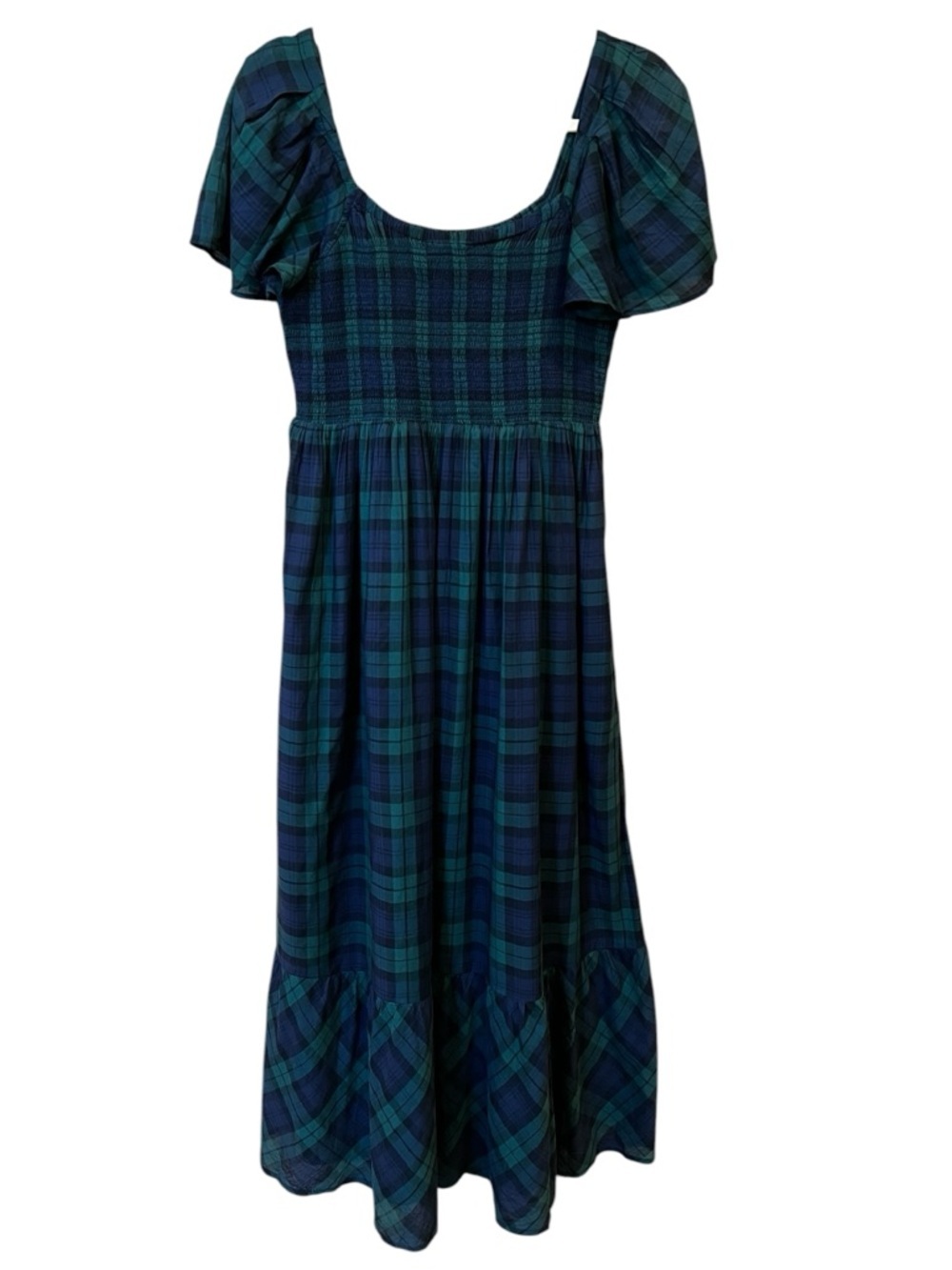 Vineyard Vines Smocked Flutter Sleeve Midi Dress Charleston Green Plaid Small